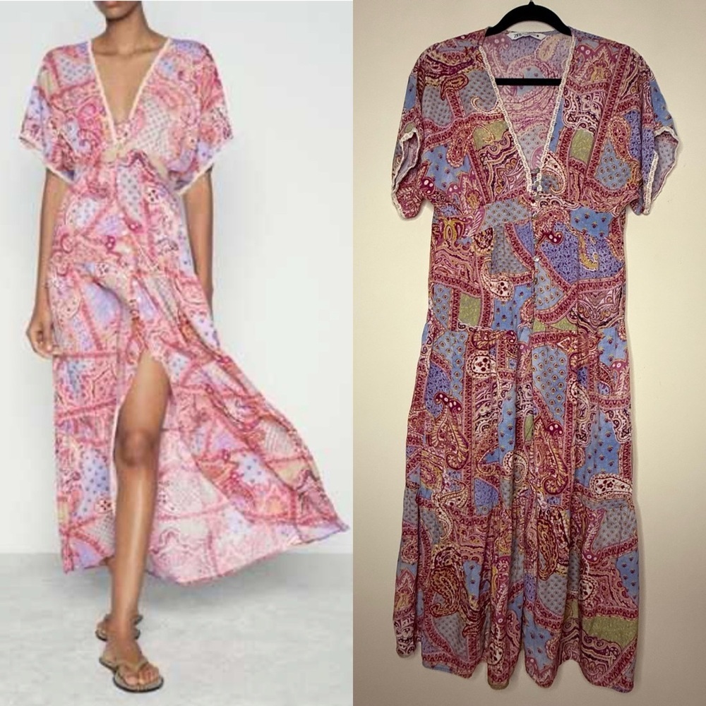 ZARA Boho Blogger’s Favorite Flowy Button Front Beach Summer Paisley Midi Dress